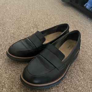 Clarks Black Leather Loafers with Brown Trim